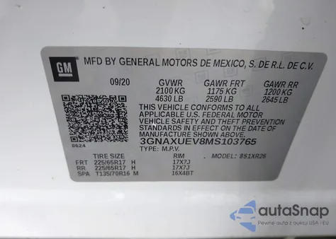 2021 Chevrolet Equinox Awd Lt z USA, uszkodzony, nr VIN 3GNAXUEV8MS103765